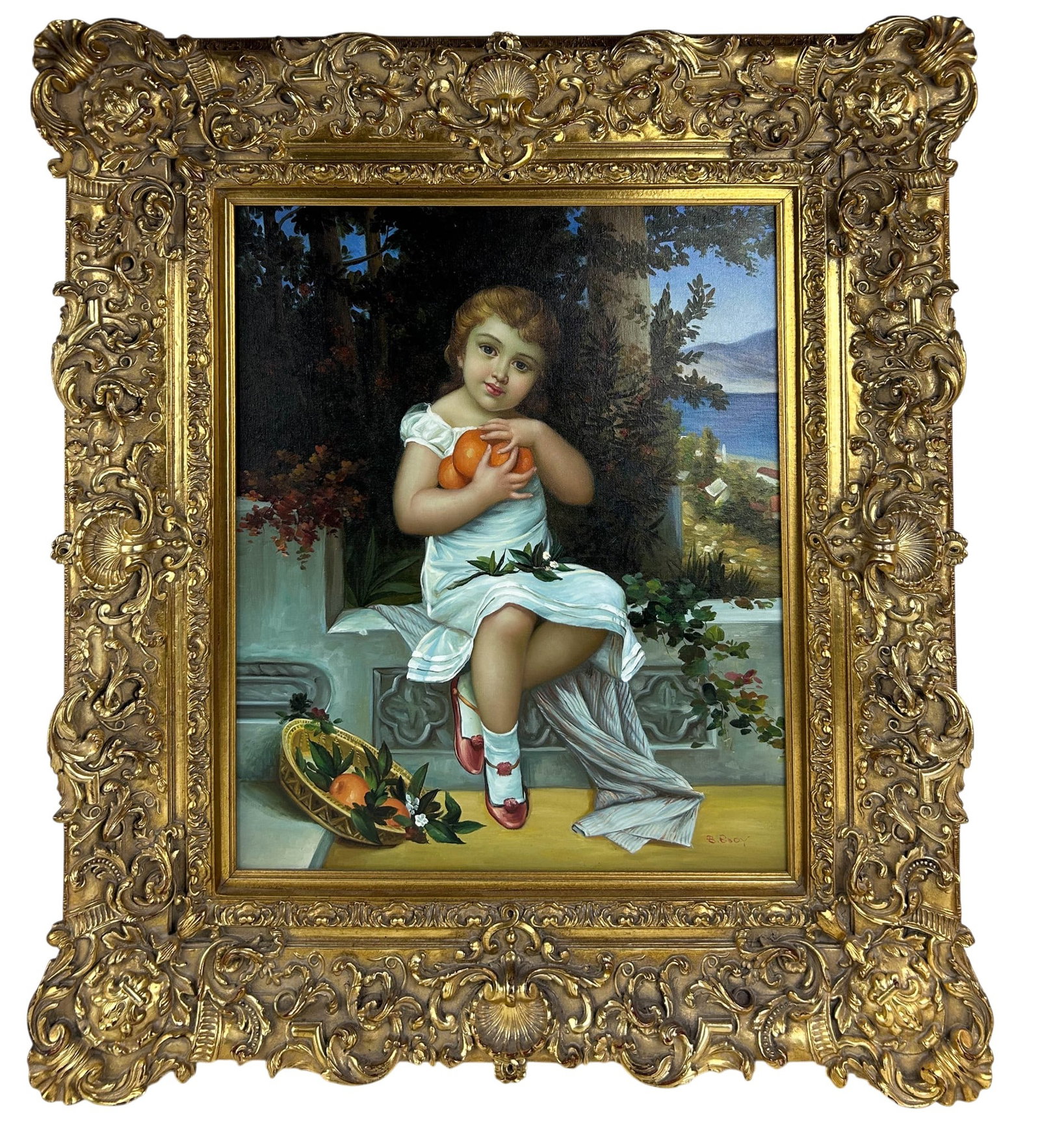 Portrait Girl w/ Oranges Oil Painting after Munier: Decorative oil painting on canvas after Emile Munier (French, 1840-1895). The genre scene depicts a seated young girl in a white dress holding oranges beside a basket of fruit, against an outdoor terr