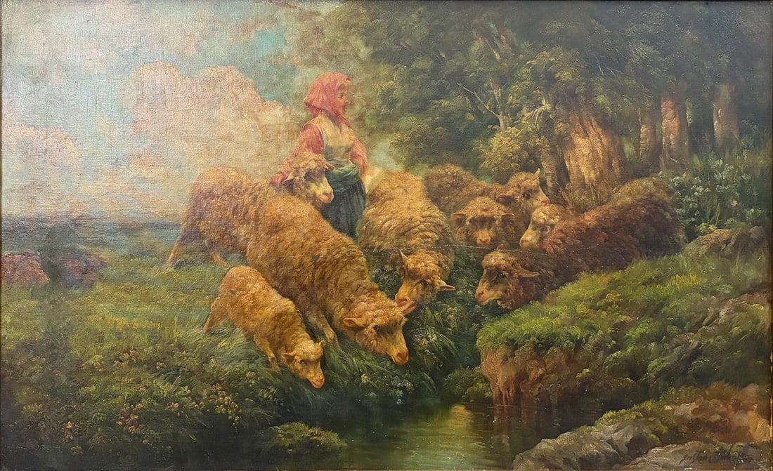 Antique European Oil Painting on Canvas SIGNED: Signed antique European oil painting on canvas depicting a shepherdess tending a flock of sheep beside a woodland stream. Rendered in soft naturalistic tones with detailed pastoral landscape elements.