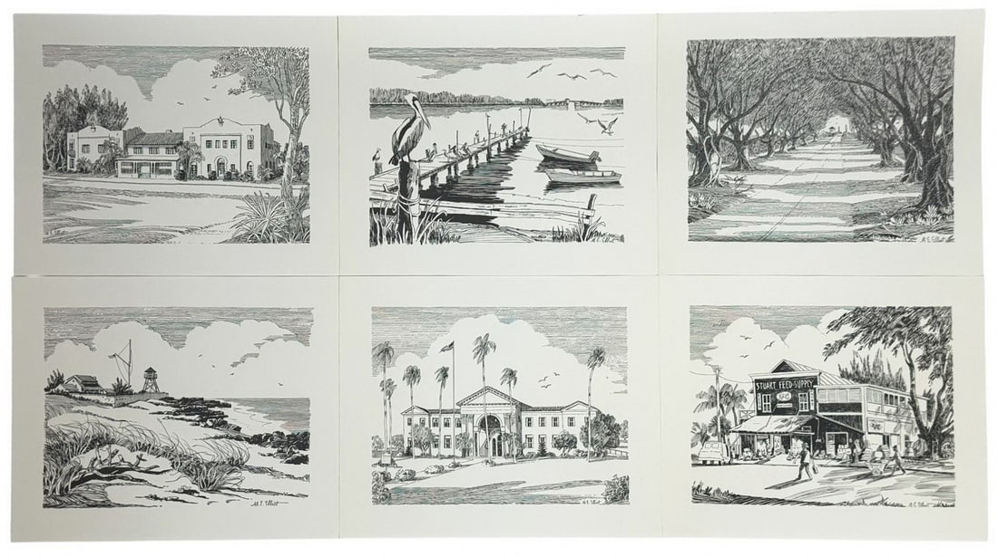 Set of Six M.E. Elliot Florida Landmark Monotypes (1 of 8)