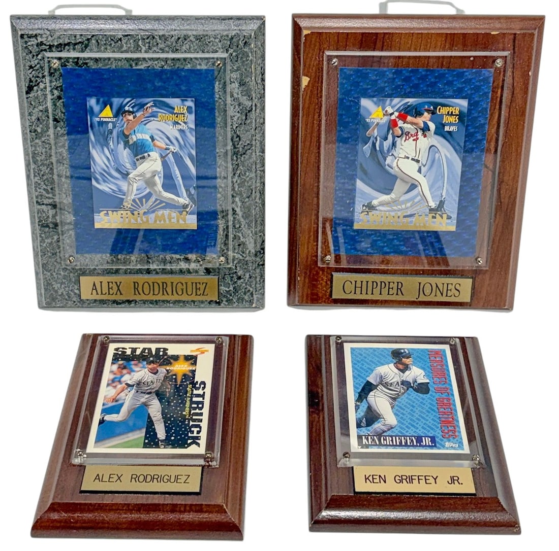 Alex Rodriguez, Ken Griffey, Chipper Jones Cards: Group of four framed baseball trading card display plaques featuring Alex Rodriguez, Ken Griffey Jr., and Chipper Jones. Includes 1995 Pinnacle Swing Men cards and additional Topps and Score examples 
