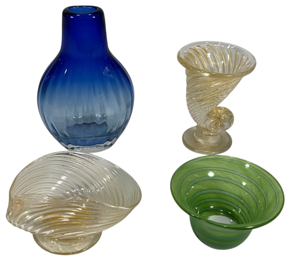 Green, Blue & Clear Art Glass Bowls & Vase 4pcs (1 of 6)