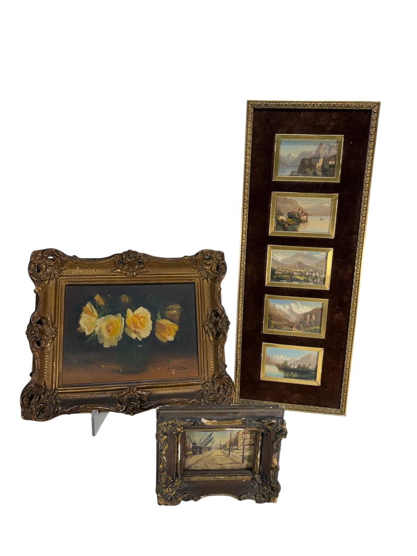 European Landscape & Floral Paintings on Board 3pc: Lot of 3 framed European style paintings on board including a harbor scene, a set of five miniature alpine landscapes, and a floral still life with yellow roses. All housed in decorative frames with g