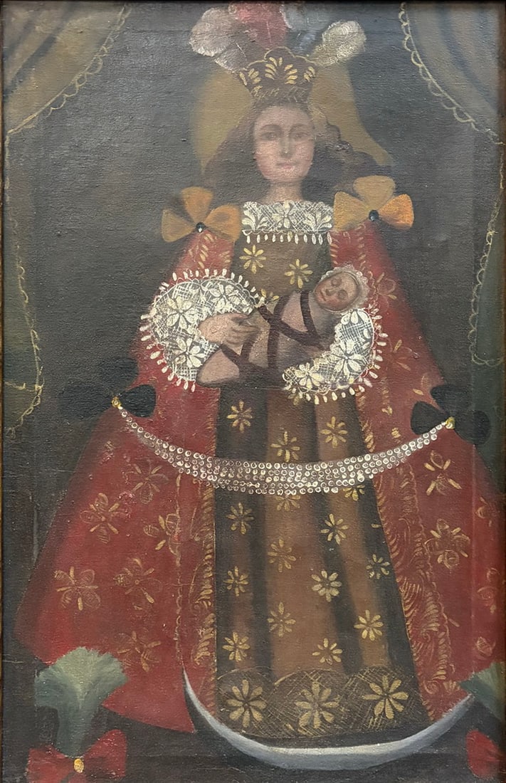 Framed Cusco School Madonna & Child Oil Painting: 19th century oil on canvas painting depicting the Madonna and Child in the manner of the Cusco School. The crowned Virgin is shown holding the Christ Child beneath draped curtains with decorative flor