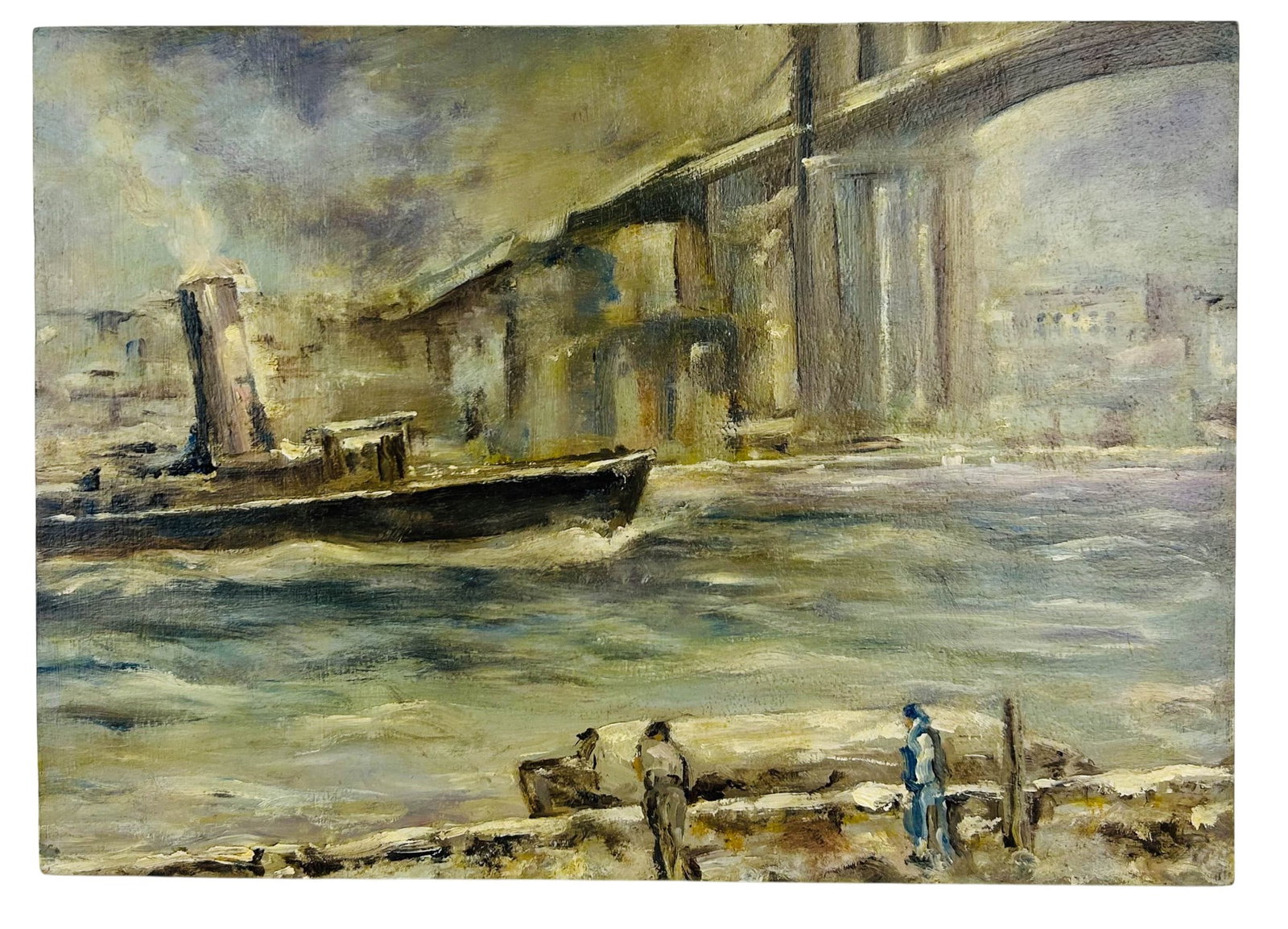 Harbor Scane Tugboat Bridge Impressionist Painting (1 of 4)