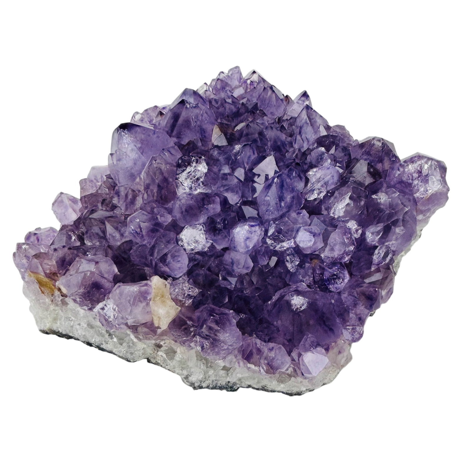 Large Natural Amethyst Crystal Cluster Specimen: Freeform natural amethyst crystal cluster specimen featuring densely formed purple quartz points on a natural stone matrix base. The mineral display exhibits varied crystal formations and coloration r