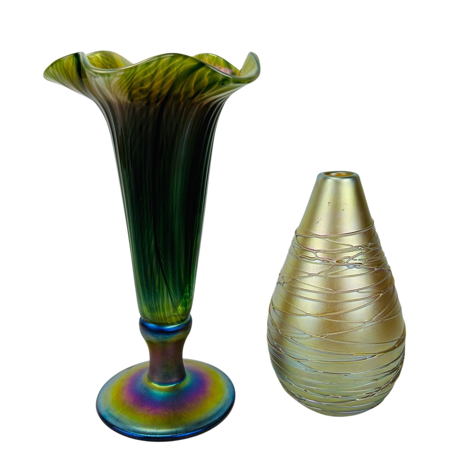 Iridescent Trumpet & Threaded Glass Vases SIGNED (1 of 8)