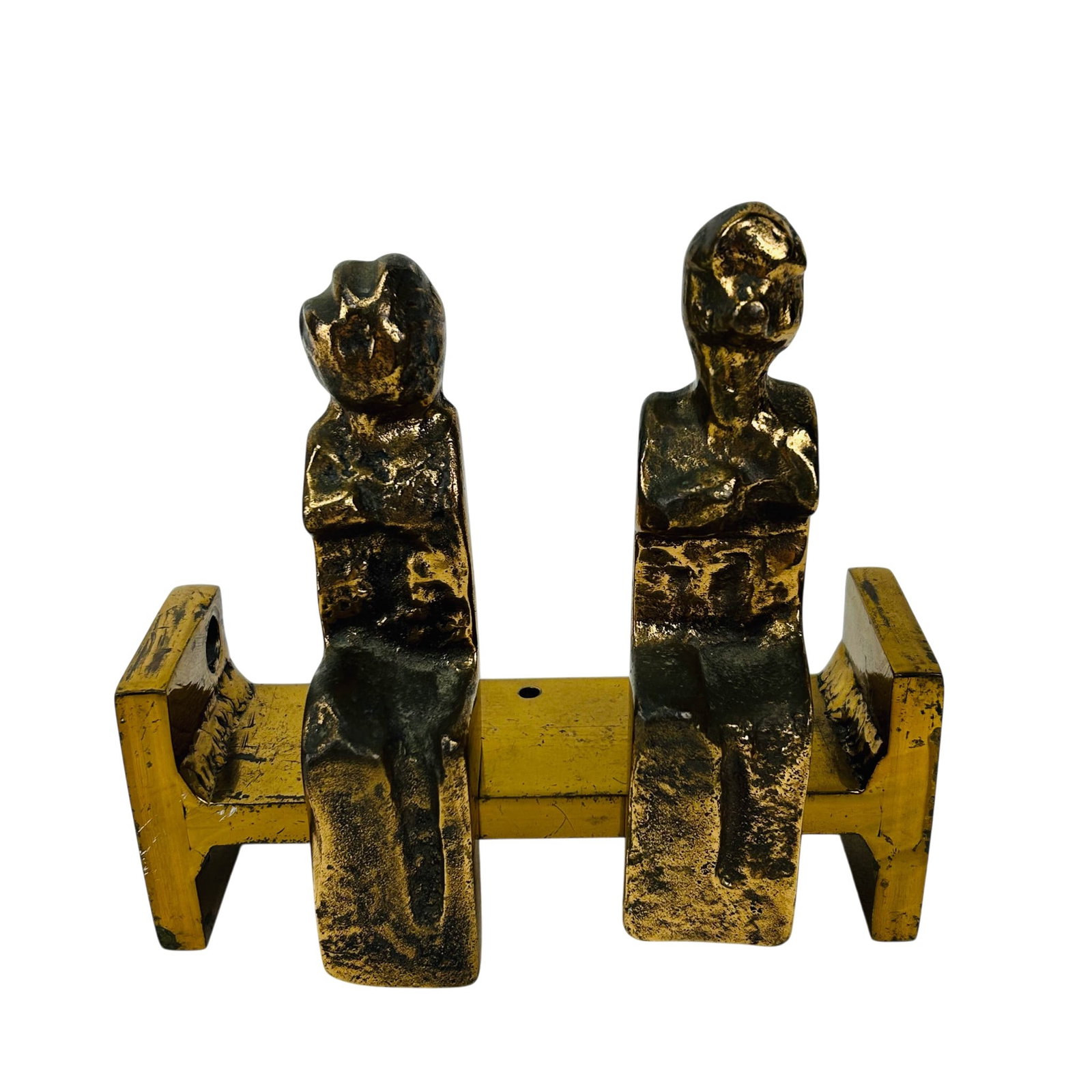 Bronze Brutalist Seated Couple Sculpture SIGNED: Studio crafted bronze figural sculpture. Depicting seated abstract male and female figures. Rest on a matching bronze bench form seat. Measures approximately 7.25" x 7.5" x 2.75". Engraved artist name
