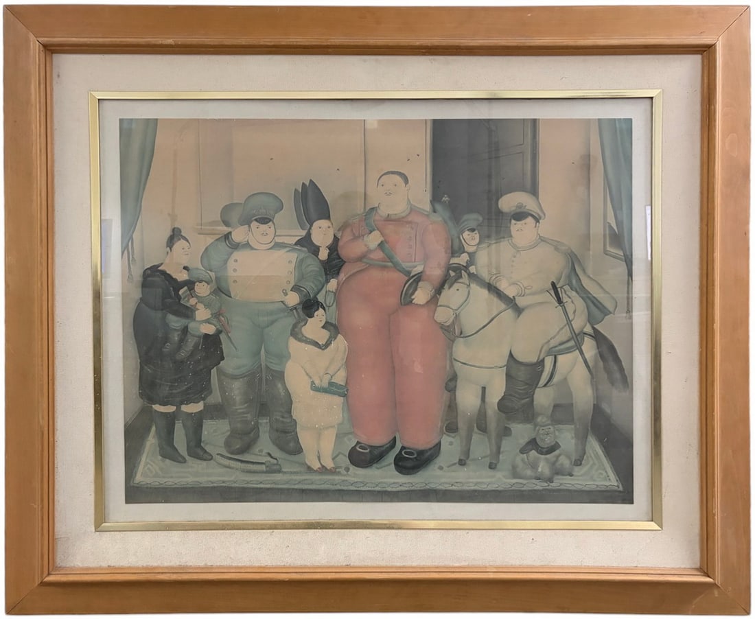 After Fernando Botero Figural Scene Offset Print: After Fernando Botero (Colombian 1932 - 2023), large offset print depicting uniformed figures and civilians in Botero’s characteristic exaggerated volumetric style. Presented matted and framed