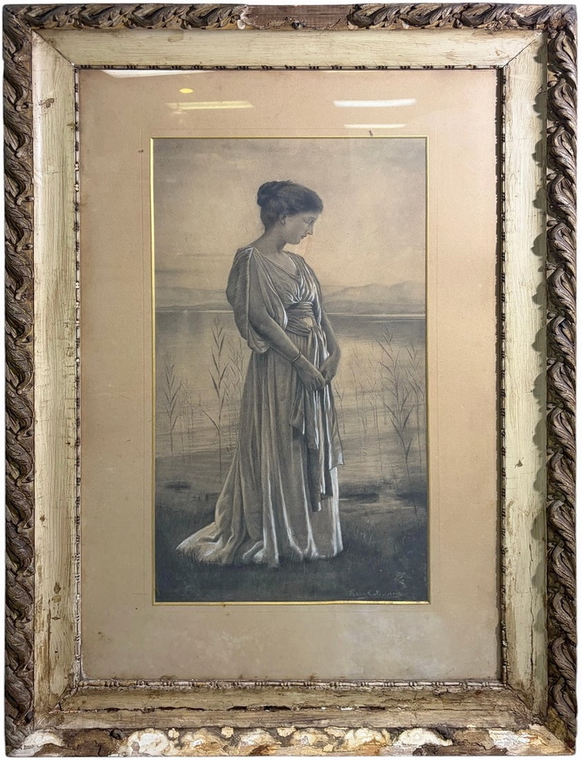 Rosa Calcagno Framed Woman Drawing SIGNED 40.75": Rosa Calcagno charcoal and chalk drawing on paper depicting a serene woman in a classical draped gown, standing by a lake with reeds and distant hills. Signed to the lower right 'Rosa Calcagno.' Work