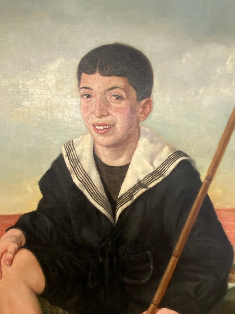 Santiago J. Albarracin (1855-1929) Oil on Canvas: Santiago Juan Albarracin (Argentinean, 1855-1929) oil painting on canvas depicting boy in a navy-blue sailor suit seated on a grassy bank before a red sea and pale sky, holding a fishing pole. Signed
