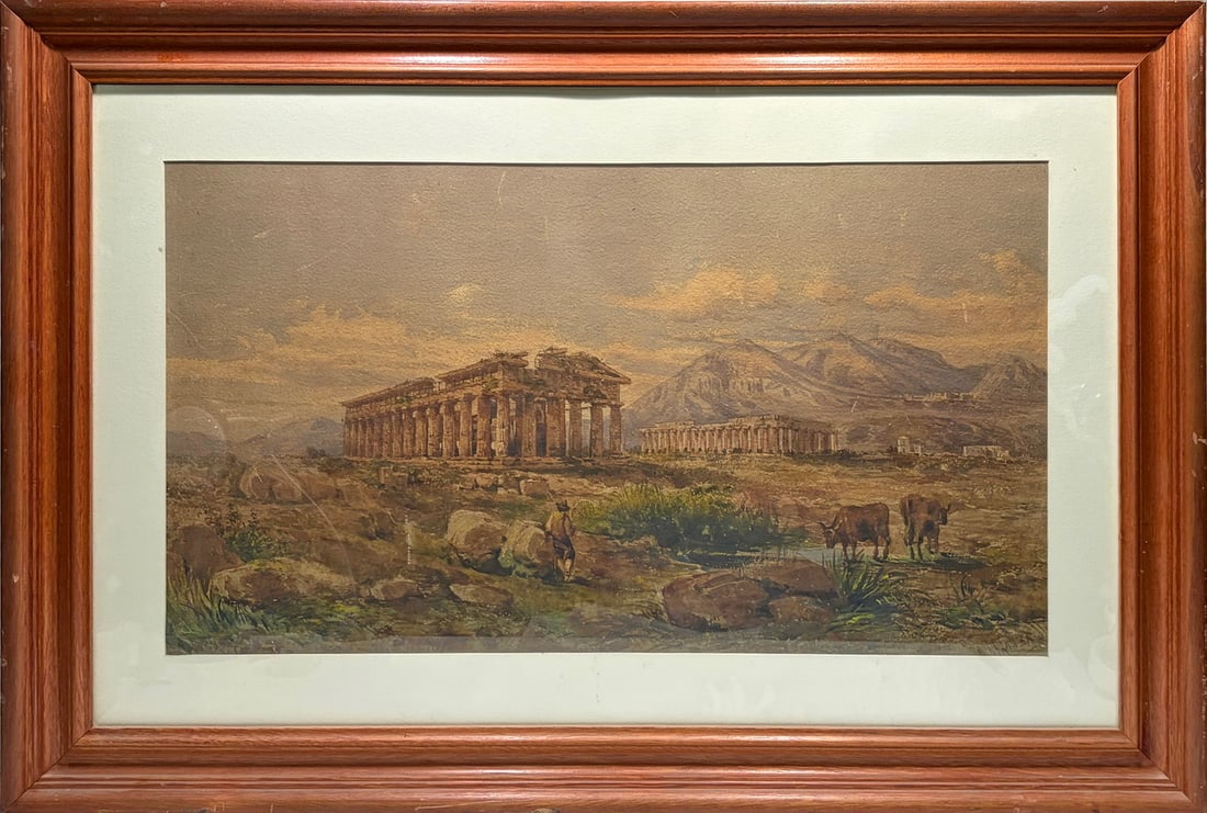 Attributed to Giovanni G. Lanza B 1827 Watercolor: 19th century watercolor attributed to Giovanni G. Lanza depicting a classical landscape with temple ruins, grazing cattle, a figure, and mountains. Signed to the lower right, 'G. Lanza.' Presented
