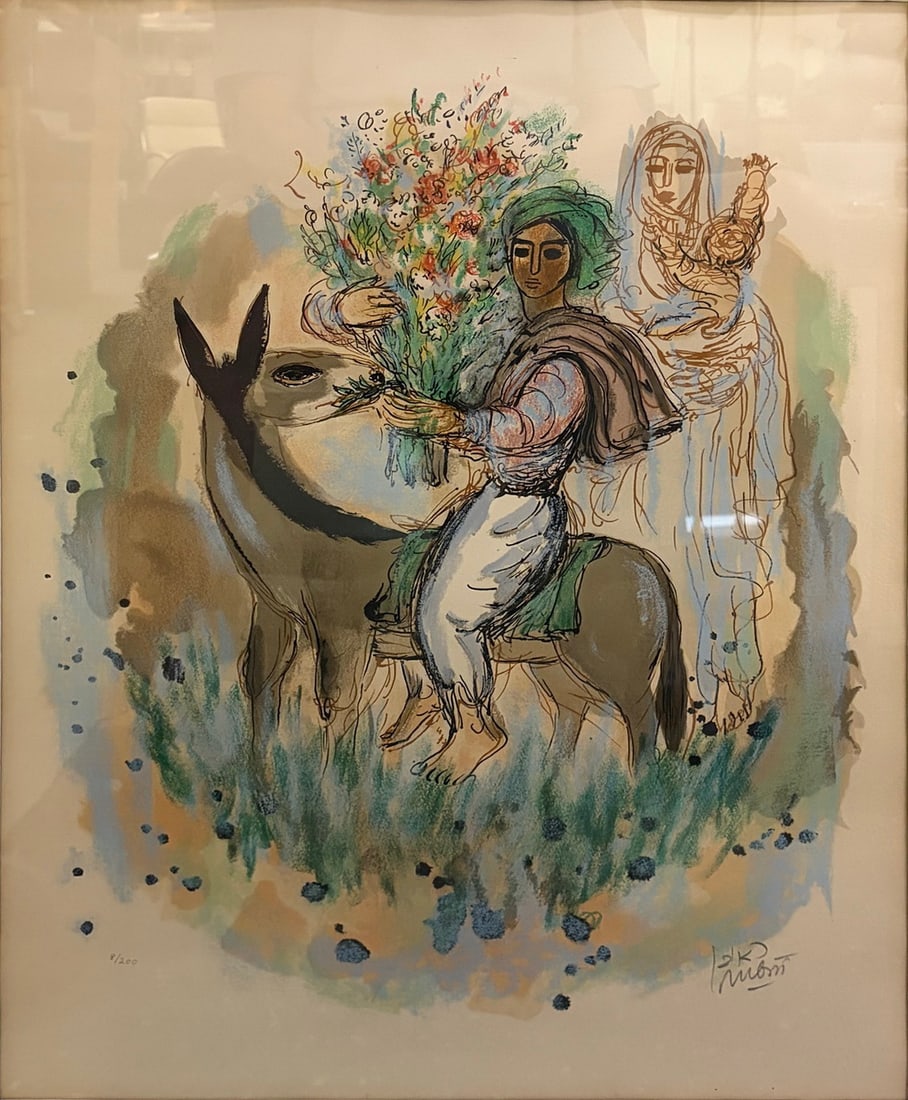 Reuven Rubin Framed L/E Color Lithograph 31.25": Framed limited edition color lithograph print depicting figures with donkey and floral arrangement. Pencil signed “Rubin” lower right and numbered 8/200 lower left. Artist identified as