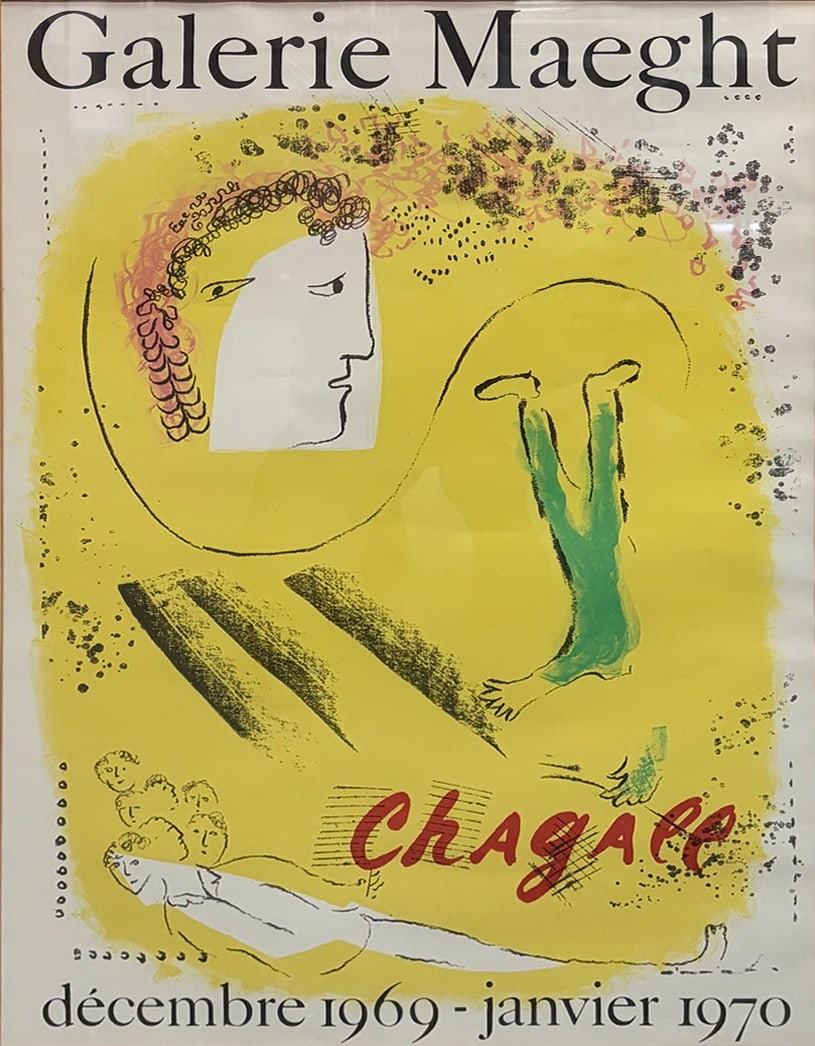 Marc Chagall Galerie Maeght Exhibition Poster: Framed Marc Chagall exhibition poster for Galerie Maeght, advertising the December 1969 to January 1970 exhibition. Color lithographic style poster featuring abstract figural imagery and bold yellow