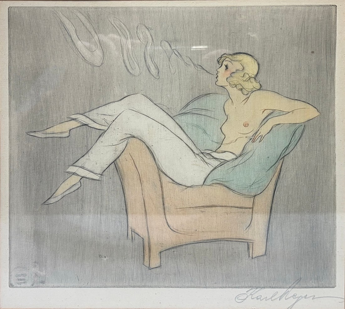Karl Reger Signed Figure Color Etching Print: Framed original color etching by Karl Reger depicting a reclining nude female figure seated in a modern armchair with cigarette smoke above. Pencil signed lower right and retaining original verso
