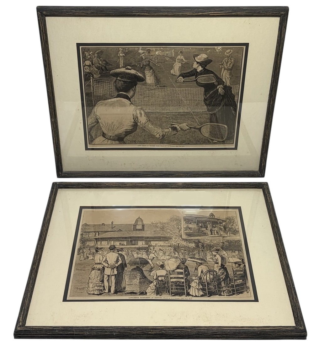 Framed Lawn Tennis Antique Engravings 2pc LOT: Two framed monochrome lawn tennis engravings after illustrations by C.D. Weldon and T. De Thulstrup. One titled “Lawn-Tennis Tournament at Newport” depicting spectators and club grounds, the