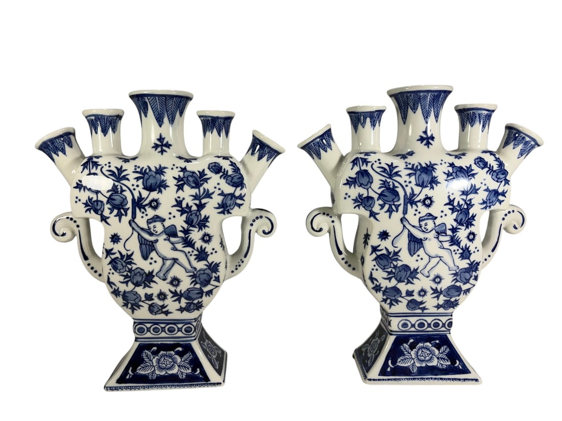 Pair Blue & White Porcelain Tulipiere Vases 10" (1 of 4)