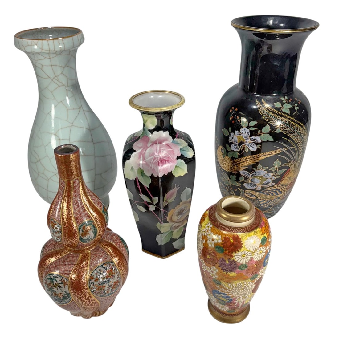 Chinese & Japanese Porcelain & Ceramic Vases 5pcs: Includes a large black porcelain vase with gilt bird and floral decoration, pale celadon crackle glaze vase, black floral decorated Nippon vase with gilt rim, miniature Japanese Satsuma style double g