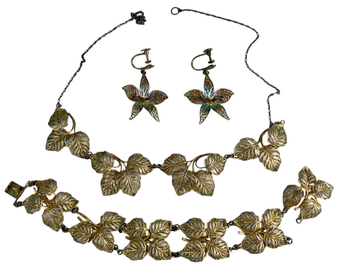 800 Silver Vermeil Filigree Leaf Jewelry 4pc LOT (1 of 6)