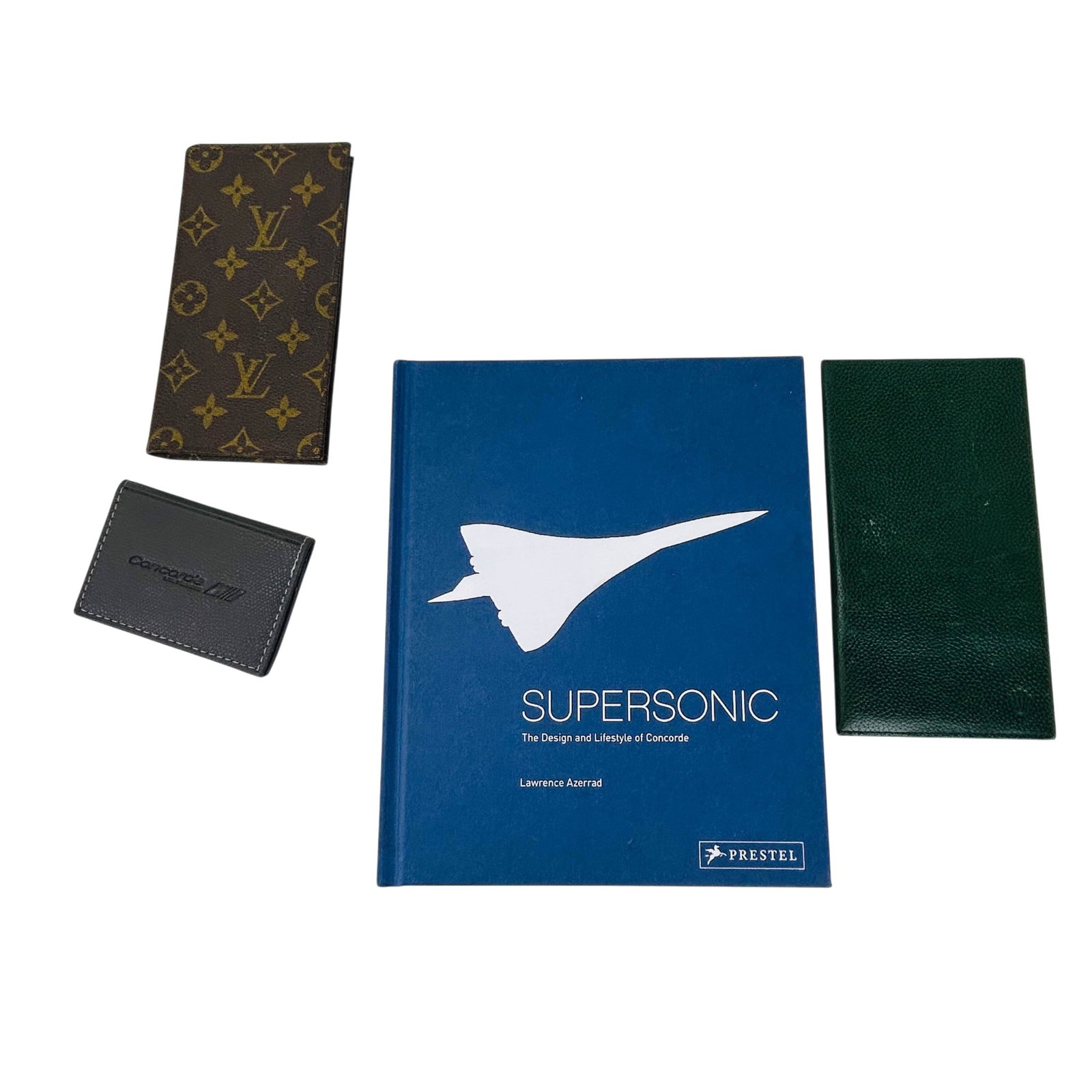 Luxury Accessories & Concorde Design Book 4pc LOT: Group includes a green Rolex Geneve leather passport holder or document case, a Louis Vuitton monogram card holder with the Louis Vuitton LV monogram stamped Saks Fifth Avenue Cowhide, a Concorde leat