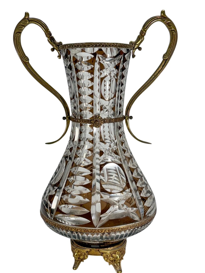 Czechoslovakian Cut Crystal Vase w Bronze Handles (1 of 5)