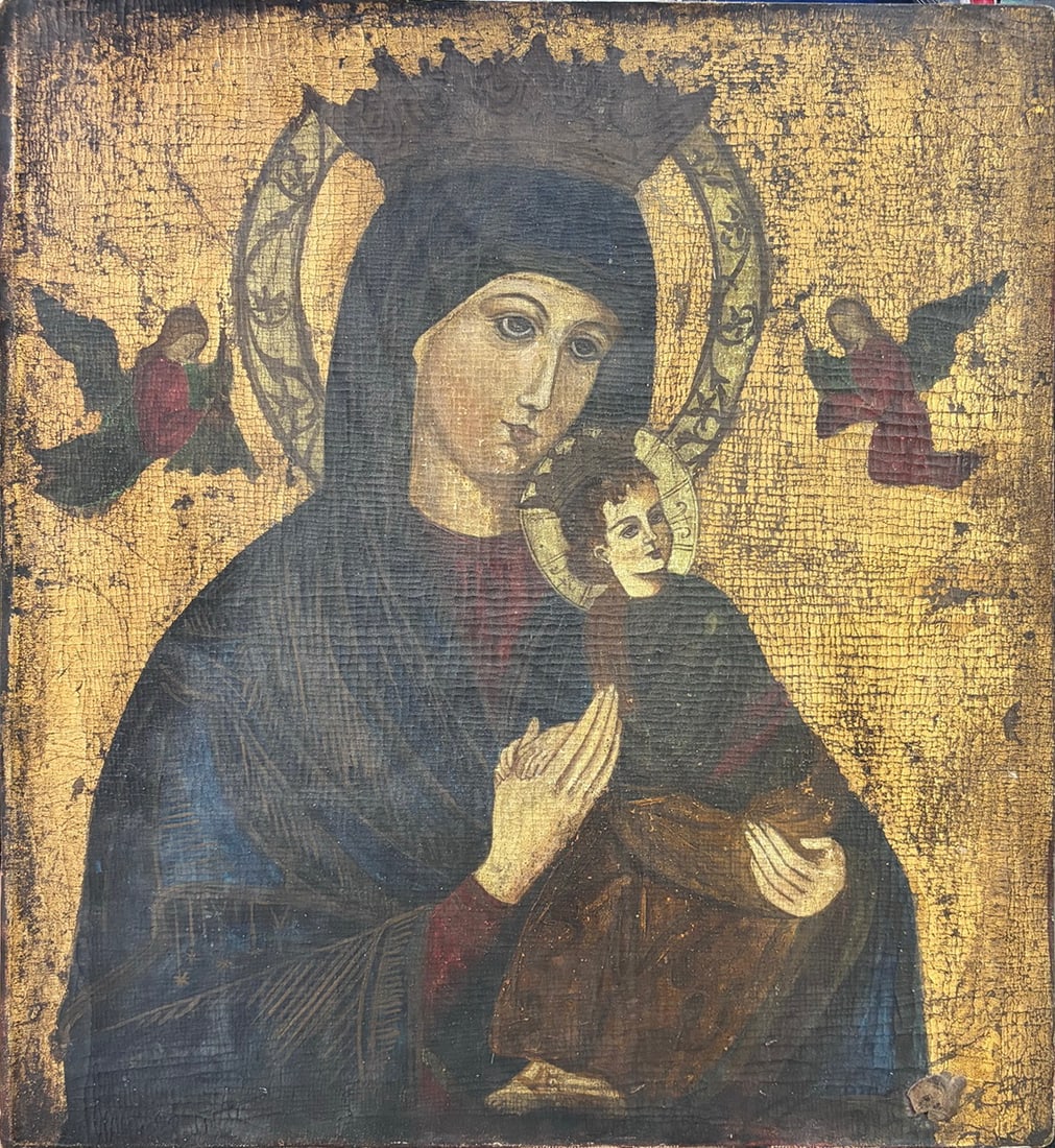 Maria Elena Aldao Byzantine Madonna Icon Panel: Byzantine style religious painting on board depicting the Virgin of Perpetual Help with Christ Child and attendant angels against a gilt ground. Executed in the manner of traditional devotional icons 