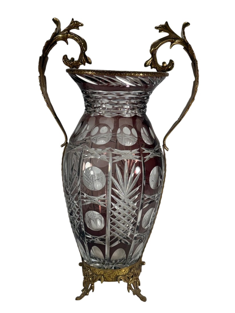 Czechoslovakian Cut Crystal Vase Bronze Mounts (1 of 5)