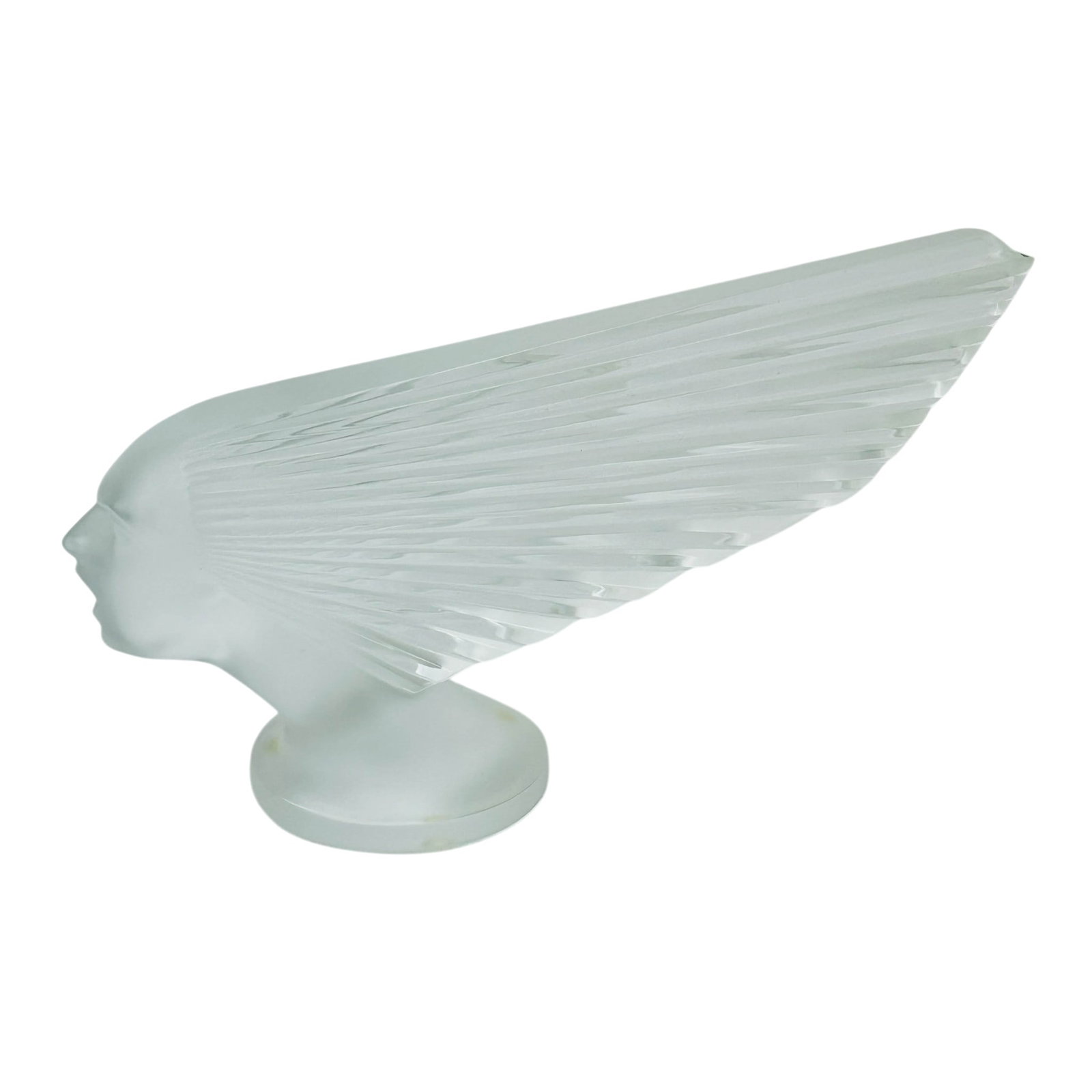 Lalique Crystal Art Deco Victoire Glass Car Mascot: Lalique French crystal art glass car mascot in the Victoire pattern also famously known as the Spirit of the Wind. Originally designed in 1928 created to commemorate the anniversary of the 1918 war su