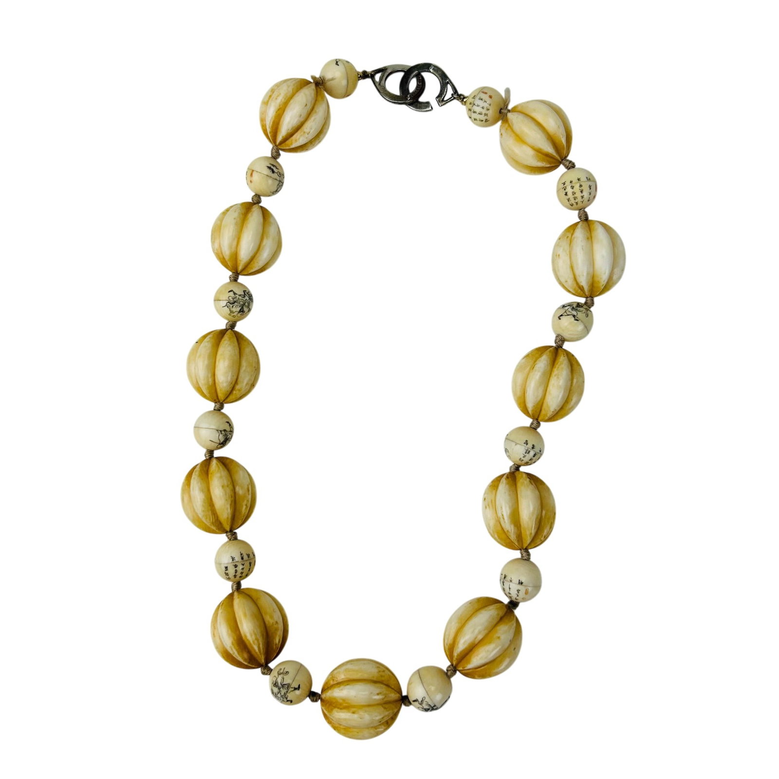 Chinese Luohan Poetry Prayer 21" Beaded Necklace: Chinese poetry prayer bead rosary used as Buddhist meditation strands or decorative necklace. Carved out of natural occuring material. Features large melon shaped focal beads separated by smaller