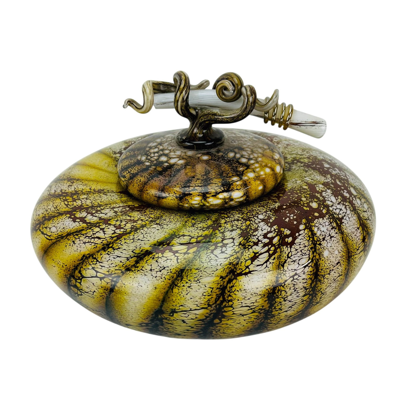 Art Glass Abstract Swirl Lidded Vase Bowl SIGNED: Studio hand blown art glass covered jar featuring a flattened circular form with open mouth and fitted lid. Decorated throughout with an abstract slant swirl and crackle-style pattern in amber,