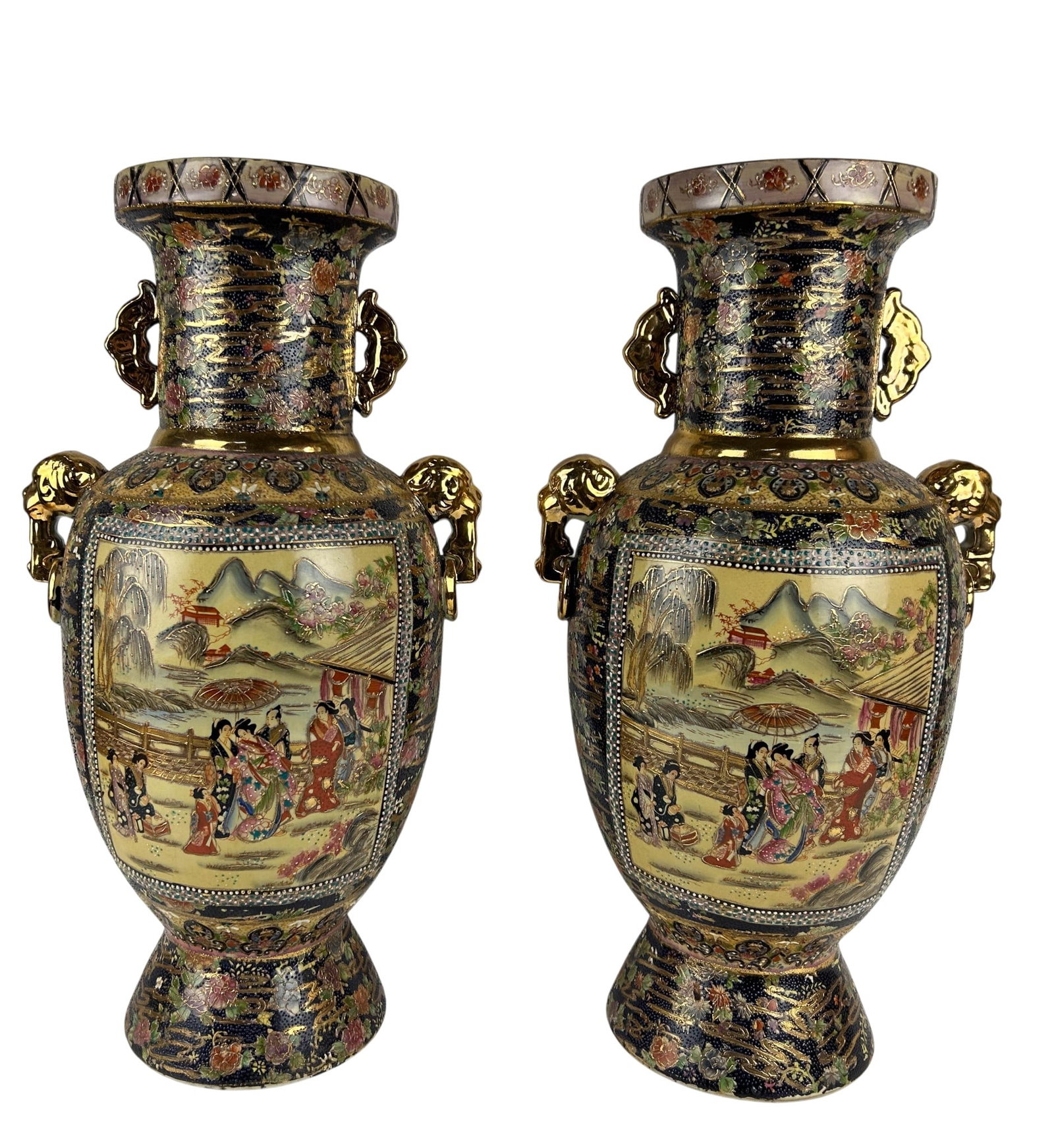 Japanese Large Satsuma Style Scenic Floor Vase: Large Japanese Satsuma style porcelain floor vase featuring extensive gilt and enamel decoration with figural landscape reserves. Baluster form with flared rim, floral and geometric motifs, and black 