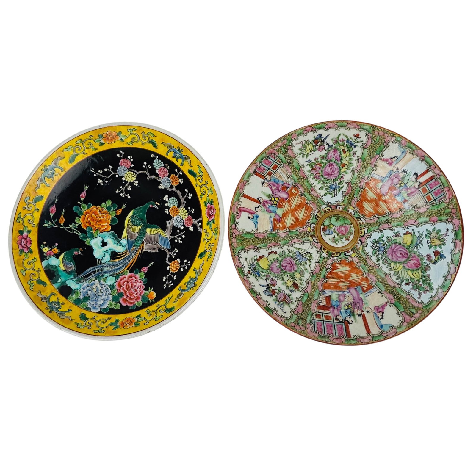 Chinese Export Decorative Porcelain Chargers 2pc: Lot of two Asian porcelain charger plates. One Chinese Famille Rose example decorated with alternating figural court scenes and floral reserves. The other is a Japanese Famille Noire decorated with