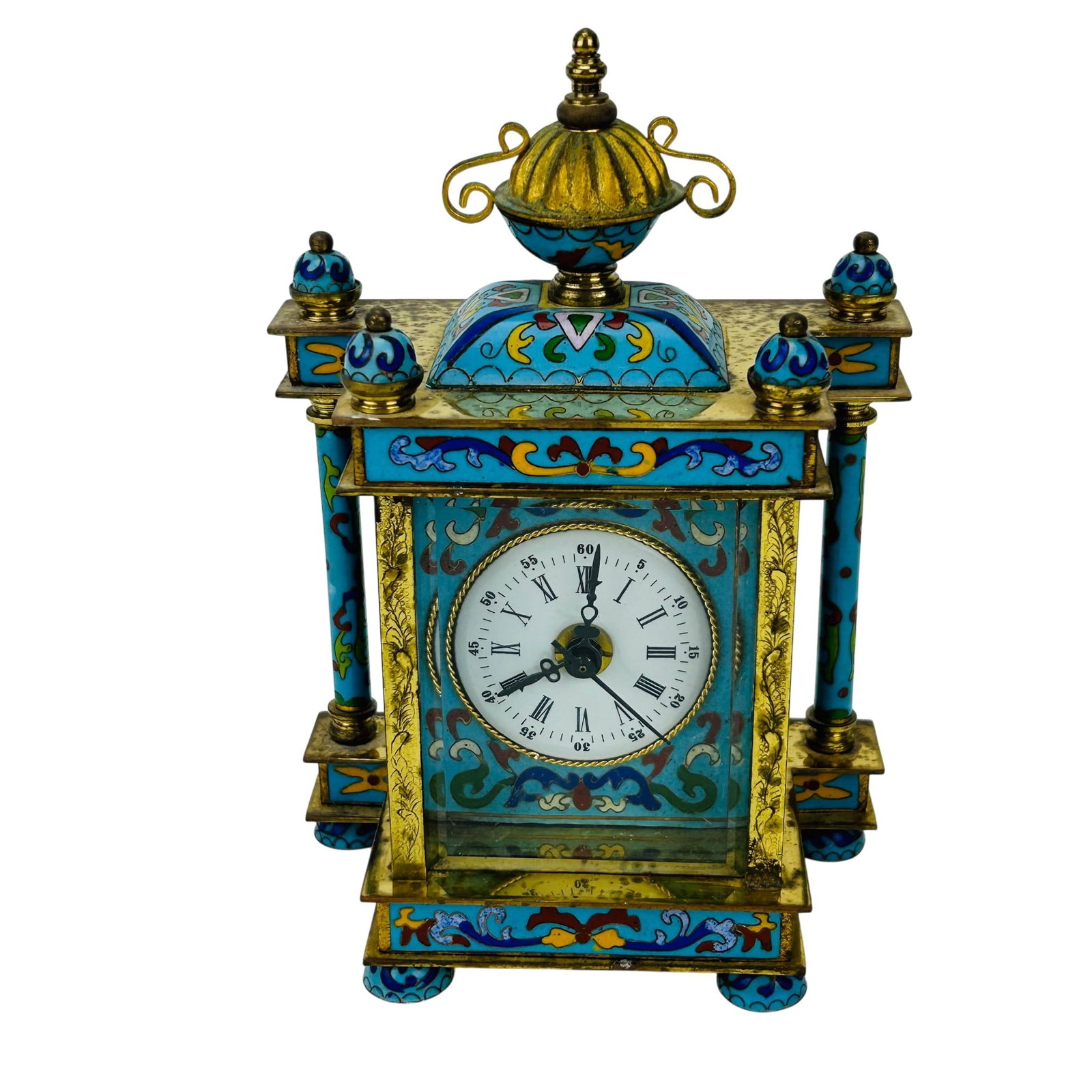 Chinese Cloisonne Enamel Portrait Brass Desk Clock: Chinese cloisone enamel and brass mantel clock. Features a rectangular architectural form with polychrome scrolling motifs on a turquoise ground. The case is surmounted by an urnform finial and accent