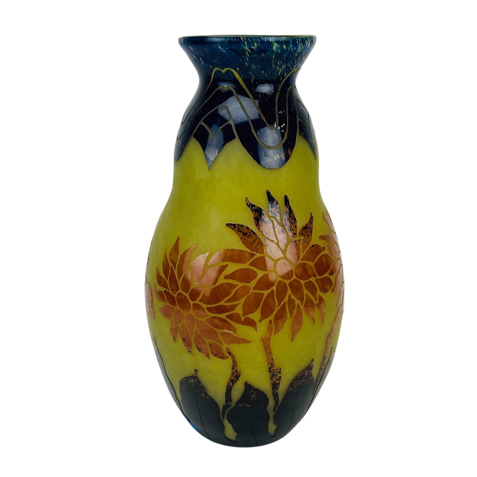 Degue Art Deco Cameo Glass Floral Cabinet Vase: French Art Deco cameo glass cabinet vase by Verrerie d'Art Degue, founded by David Gueron (Turkish, 1882-1950). The vase features an acid etched floral decoration with stylized orange blossoms and fol