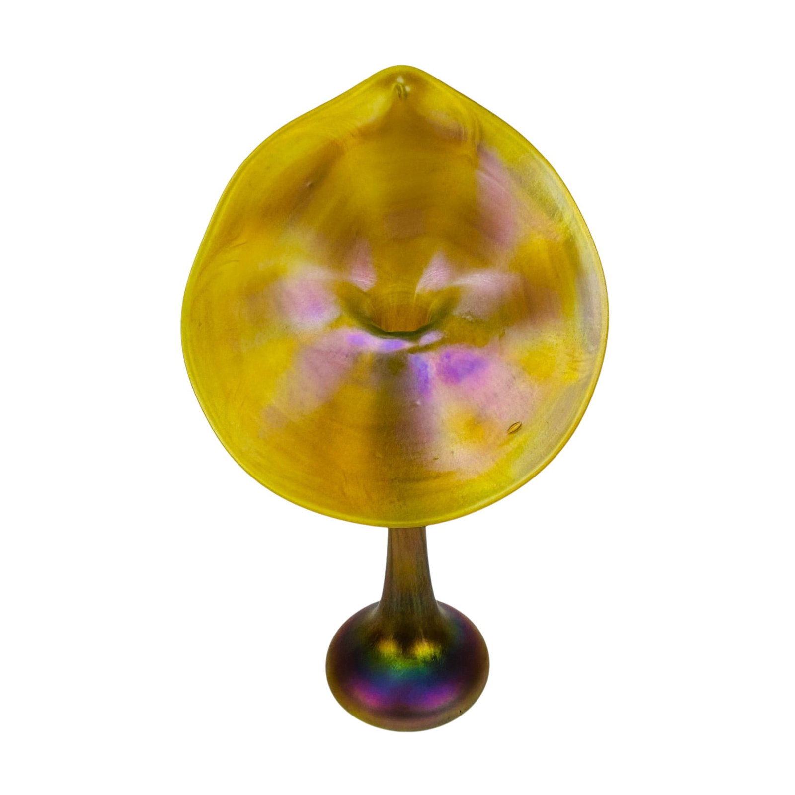 Iridescent Jack in Pulpit Glass Vase after Tiffany: Hand blown studio art glass Jack-in-the-Pulpit vase iafter n the Tiffany Favrile style. Features a flared organic-form bowl with a folded and pointed rim above a slender pedestal stem and circular foo