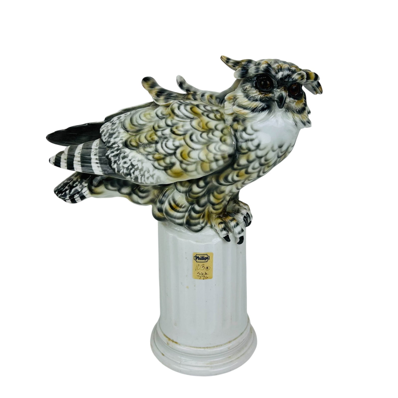 Richard Ginori Capodimonte Porcelain Owl Figurine: Richard Ginori Capodimonte porcelain horned owl figure perched upon a fluted white column pedestal. The avian sculpture features meticulous hand painted plumage in tones of gray, cream, brown, and bla