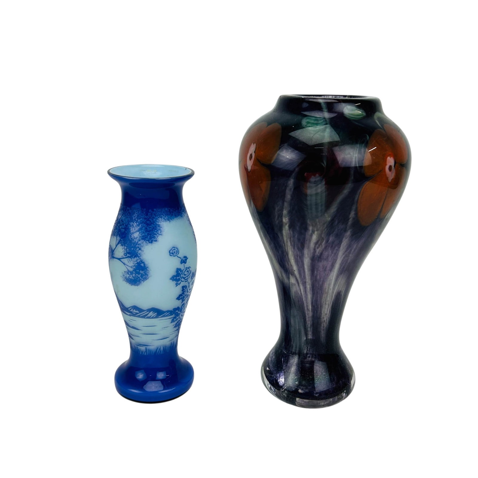Cameo Landscape & Orange Floral Glass Vase 2pc LOT (1 of 7)