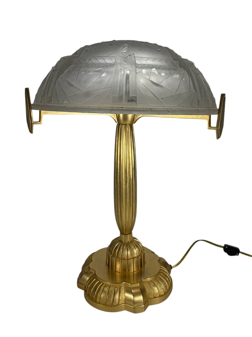 Art Deco Bronze & Frosted Glass Shade Table Lamp (1 of 10)