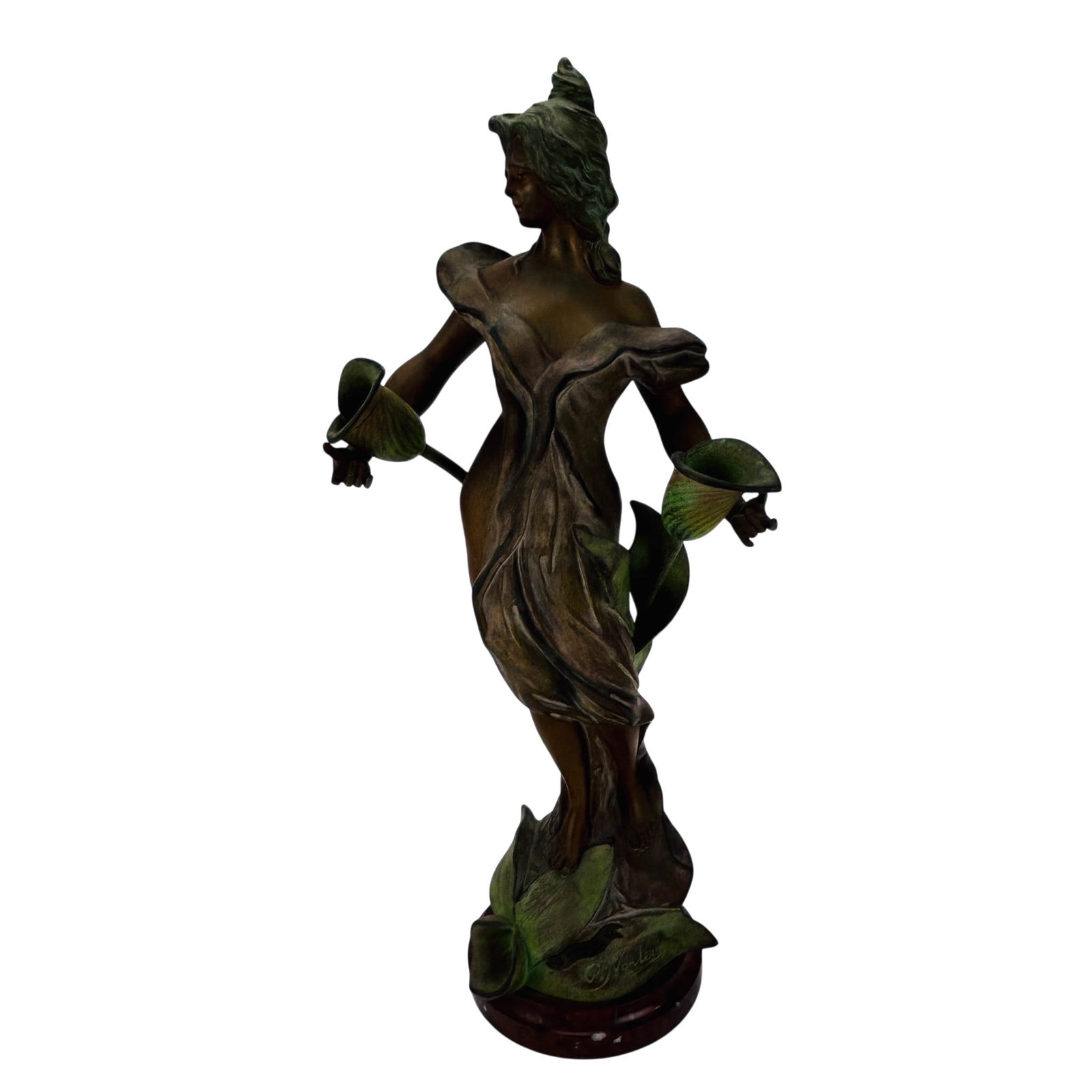 Art Nouveau Bronze Maiden Sculpture after Nanteuil: Art Nouveau figural lady sculpture after Nanteuil, a pseudonym used by the Neoclassical sculptor Charles Francois Leboeuf (French, 1792-1865). Depicts a standing lady in flowing drapery flanked by cal