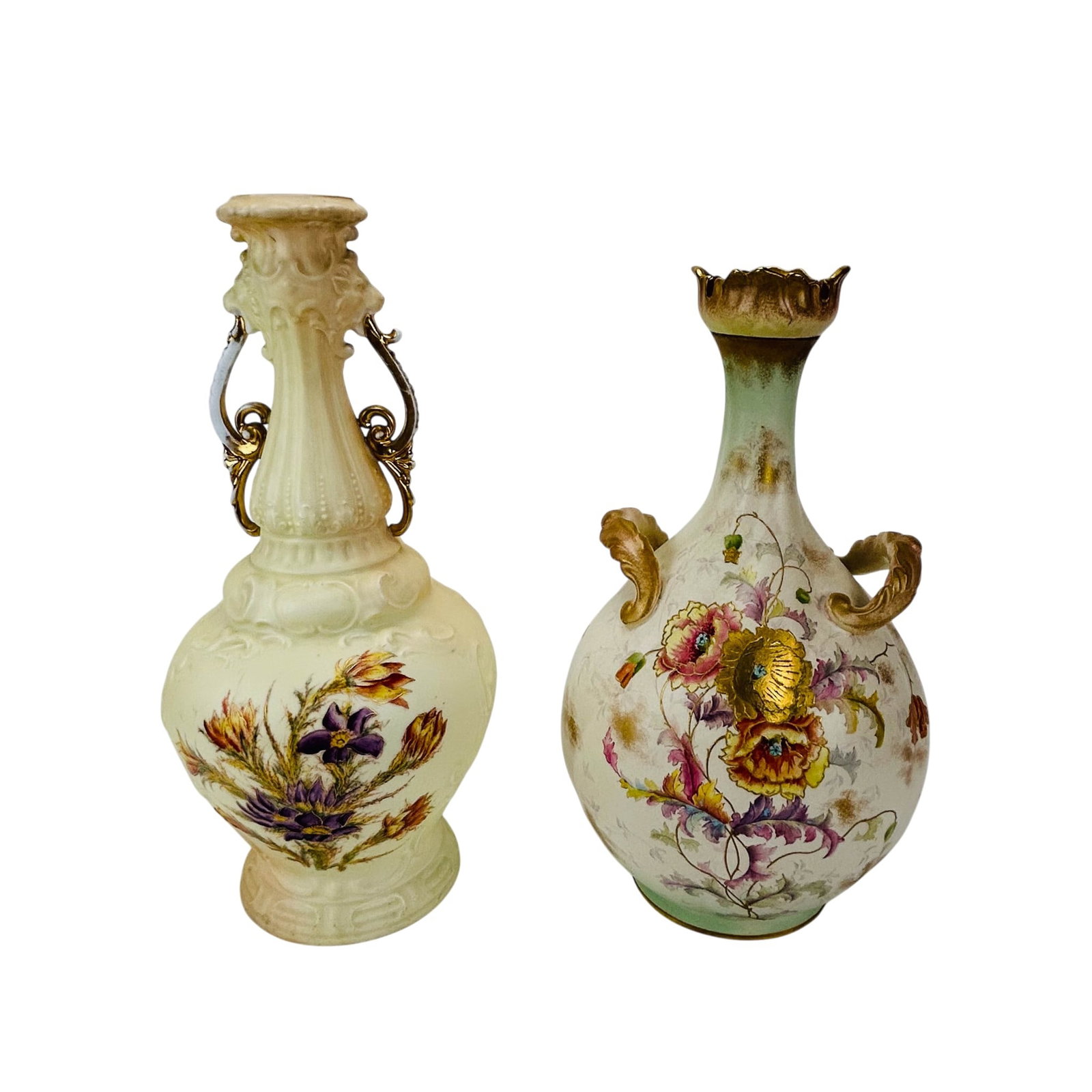 Antique RW Rudolstadt & Old Hall Porcelain Vases: Pair of antique Victorian porcelain cabinet vases. The RW Rudolstadt specimen features a bulbous form with elongated neck, applied scrollwork grips, hand-painted botanical decoration, and gilded highl