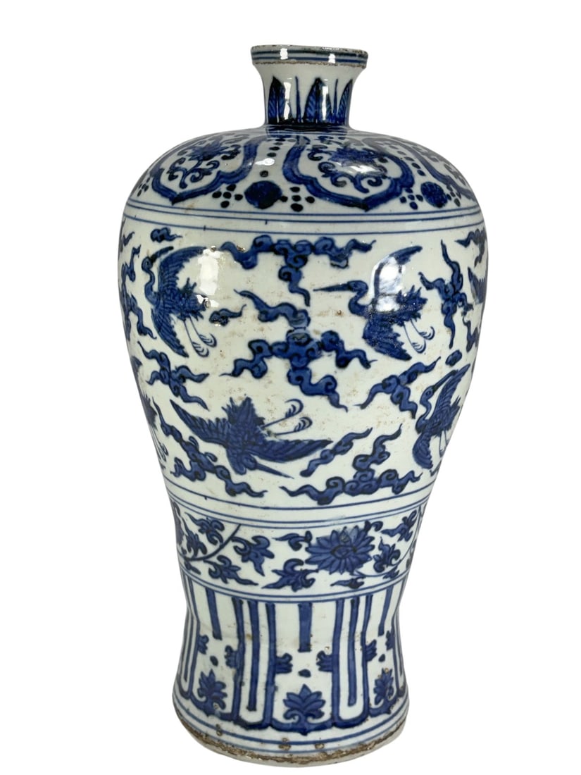 Chinese Blue & White Porcelain Meiping Vase: Chinese blue and white porcelain meiping, or plum vase, with rounded shoulders, narrow neck, and tapering body. Decorated in underglaze cobalt blue with fenghuang phoenix birds in flight amid