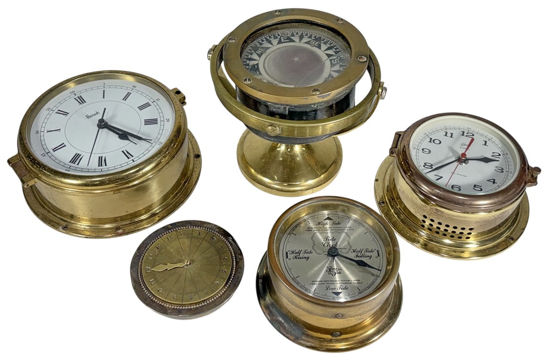 Brass Maritime Clocks Compass & Tide Dial 5pc LOT (1 of 6)