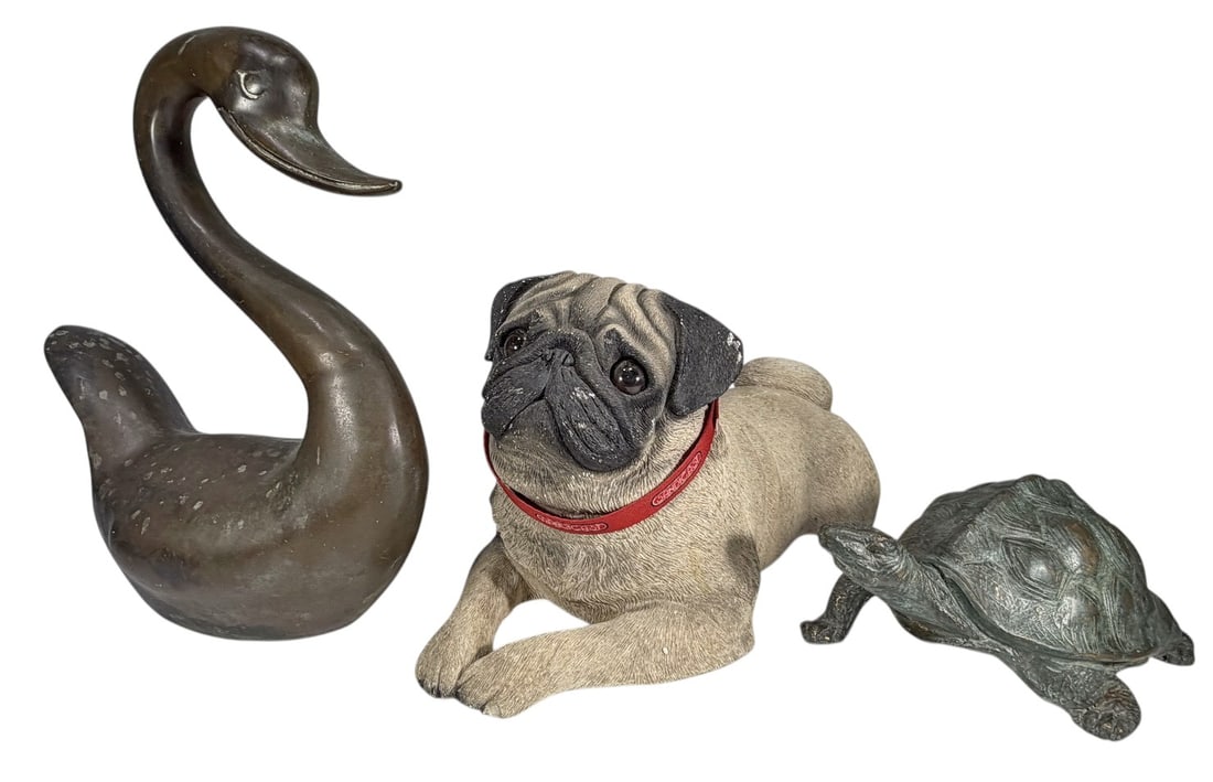 Bronze & Terracotta Animal Figures Group 3pc LOT: Group of three decorative animal figures. Includes a bronze swan sculpture with dark patinated finish, a bronze turtle figure with textured shell and verdigris-style patina, and a terracotta pug dog
