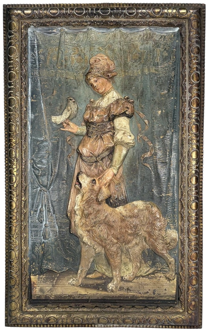 Art Nouveau Maiden & Dog Figural Wall Plaque Panel: Late 19th or early 20th century polychrome cast metal wall plaque depicting a young maiden in period dress standing before an elaborate draped textile backdrop. The figure holds a bird perched on her