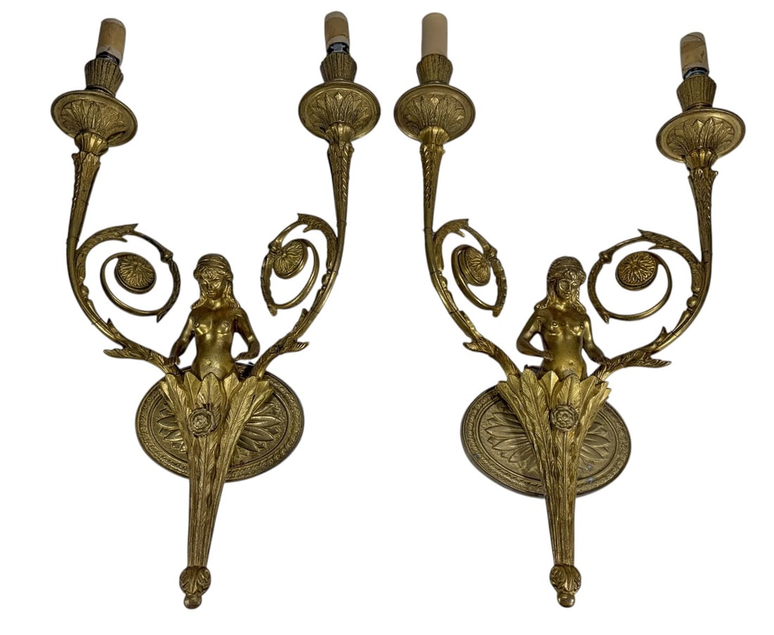 Pair Gilt Bronze Figural Two Light Wall Sconces (1 of 6)