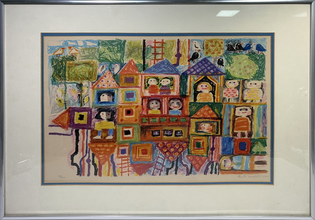 Ruth Zarfati-Sternschuss (American, b.1928) Litho: Figural abstract color lithograph on paper depicting a vibrant townscape with patterned houses and stylized figures peering from windows. Pencil signed and dated "1970" in the lower right, with editio