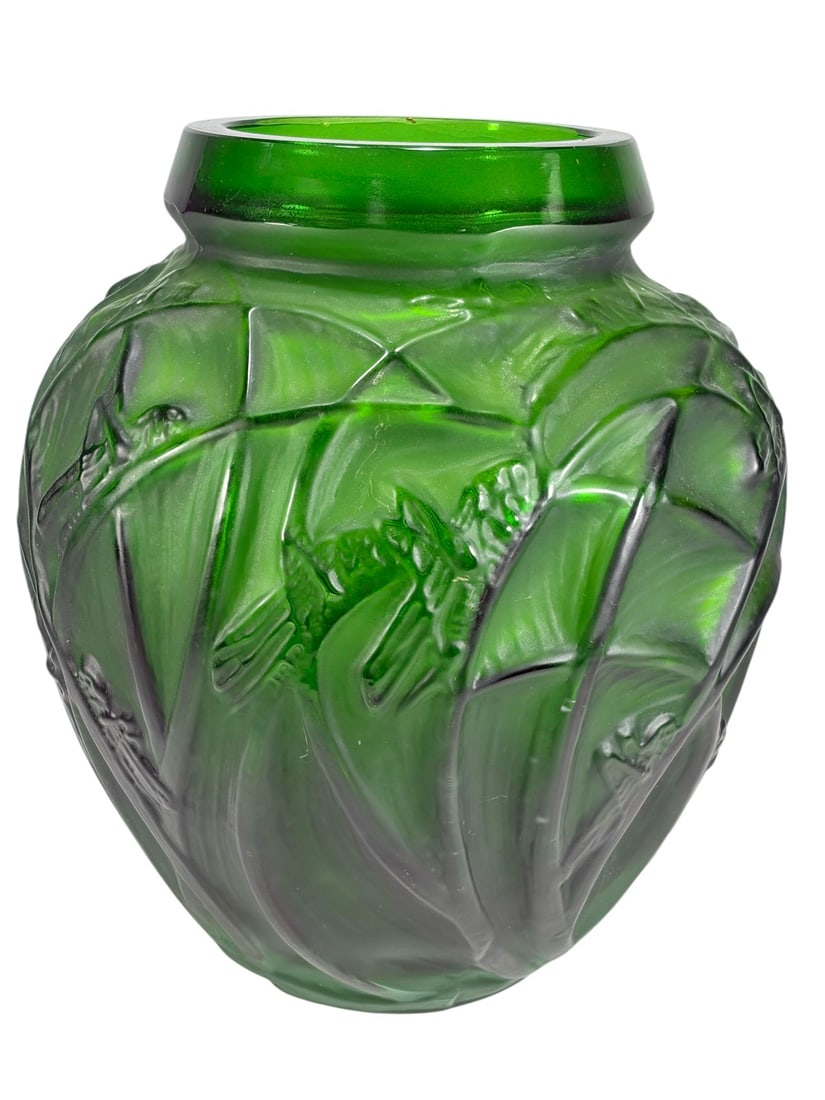 Sauterelle Grasshopper Green Vase After R. Lalique: Green molded frosted and polished art glass vase after Rene Lalique's celebrated "Sauterelles" design. Decorated in relief with grasshoppers and stylized foliage, with molded FRANCE mark and incised R