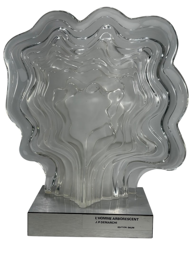 Daum France Jean-Pierre Demarchi Crystal Sculpture: Daum France crystal sculpture titled L'Homme Arborescent by J. P. Demarchi. Composed of layered clear and frosted crystal panels forming an abstract tree-like silhouette with an integrated human figur