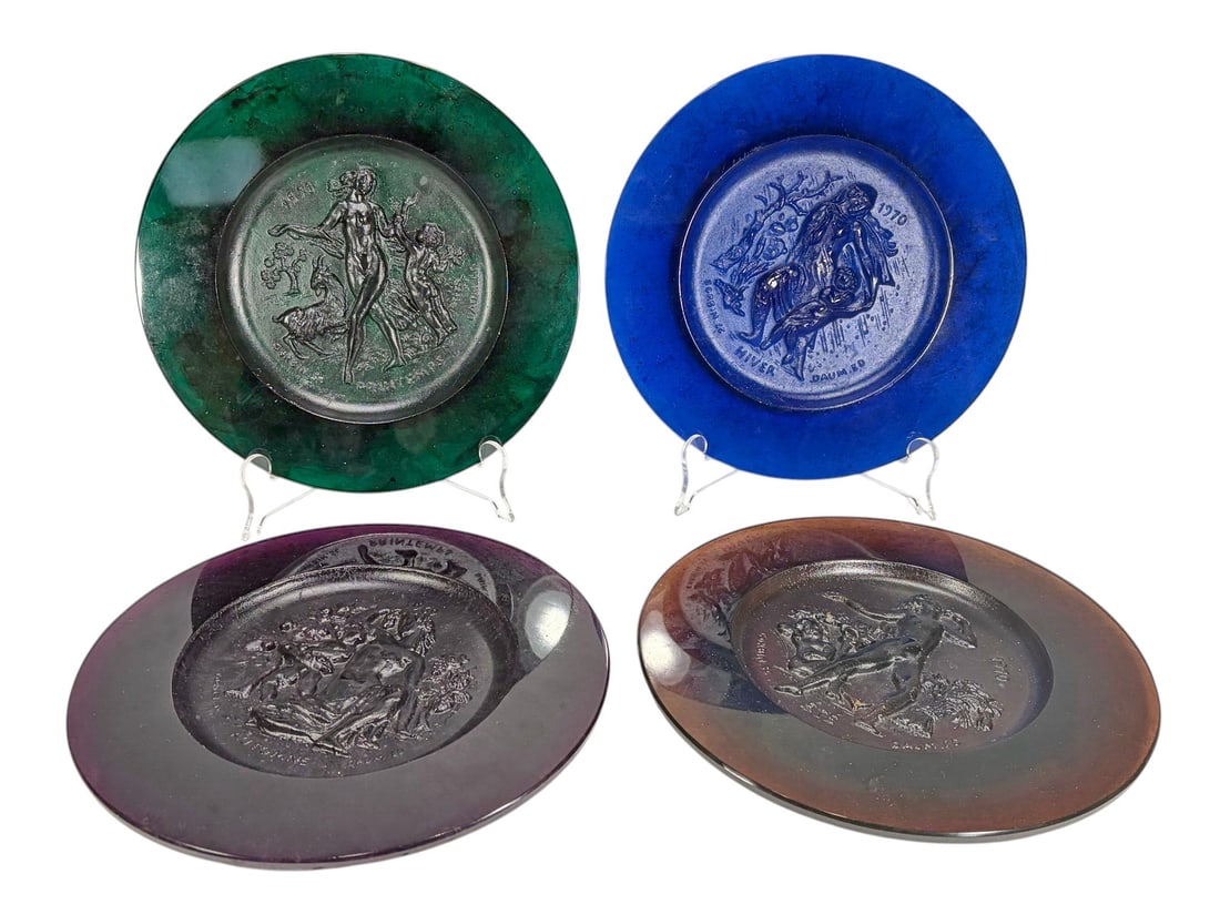 Daum France Pate De Verre 'Seasons' Plates 4pc SET: Set of four Daum pate de verre glass plates from the "Seasons" series. Each plate features a central medallion representing a different season within a wide flat border. The set includes Autumn in ame