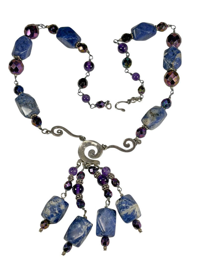Sterling 925 Sodalite Amethyst Beaded Necklace: Sterling silver necklace with polished sodalite and amethyst beads, faceted iridescent glass accents, and a spiral pendant with cascading bead drops. Marked 925 on the pendant. Measures approximately 