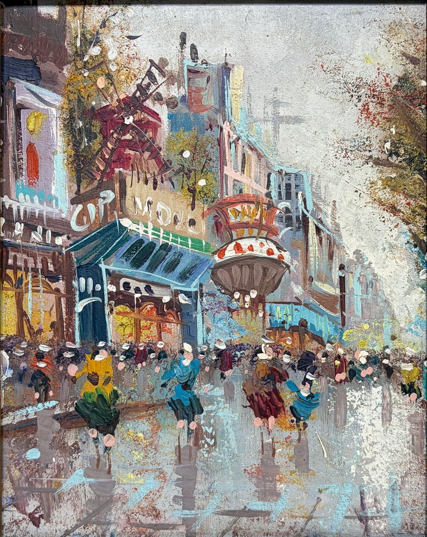 Paris Moulin Rouge Street Scene Oil Painting 15": Oil on canvas depicting a Paris street scene with the Moulin Rouge, cafes, and pedestrians along a rain-soaked boulevard. Executed in an Impressionist style with textured brushwork and vibrant